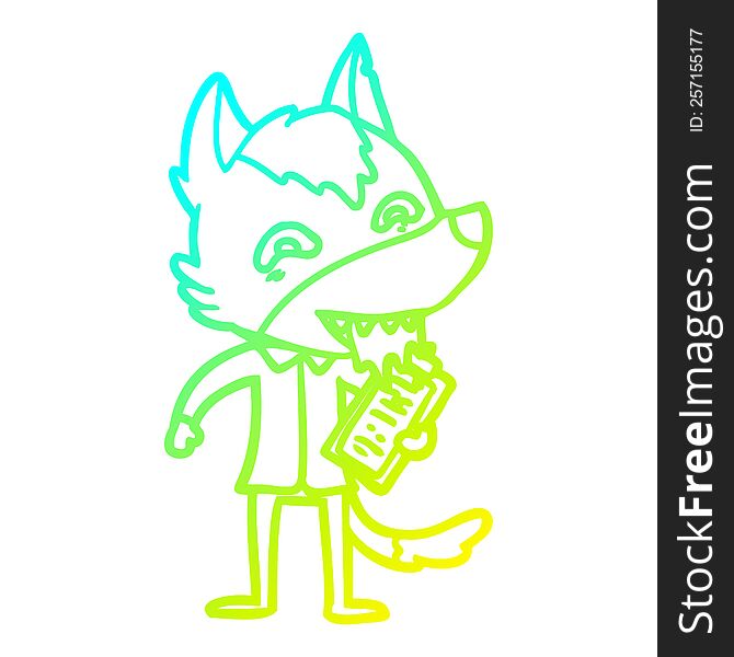 cold gradient line drawing of a cartoon hungry wolf with clip board