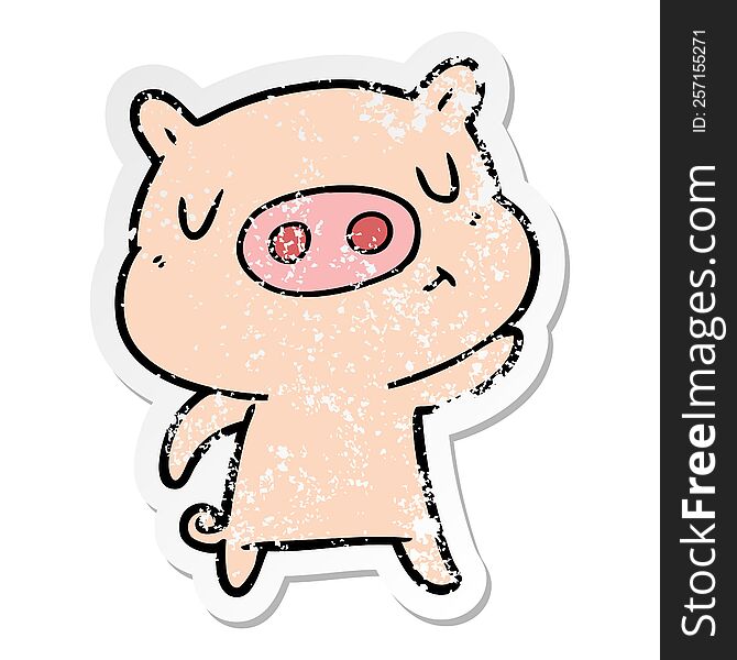 distressed sticker of a cartoon content pig