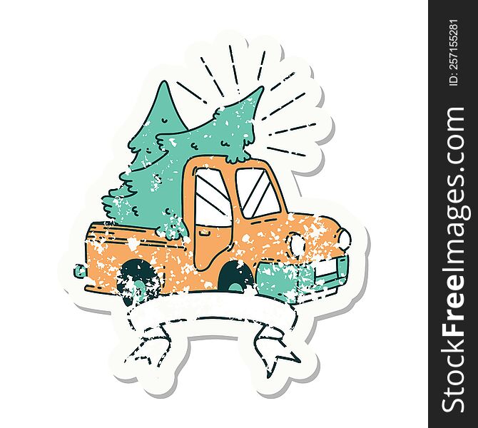 worn old sticker of a tattoo style truck carrying trees. worn old sticker of a tattoo style truck carrying trees