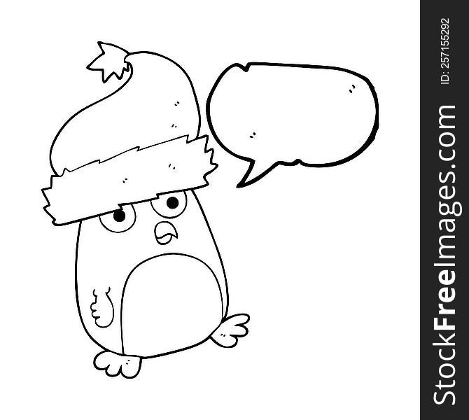 Speech Bubble Cartoon Christmas Robin Wearing Santa Hat
