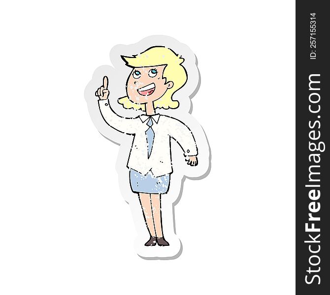 retro distressed sticker of a cartoon businesswoman with idea