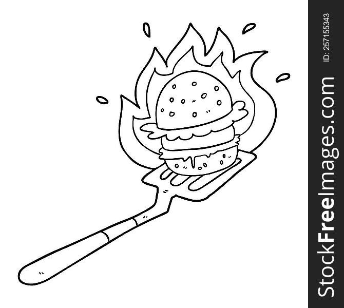 cartoon flaming burger on spatula. cartoon flaming burger on spatula