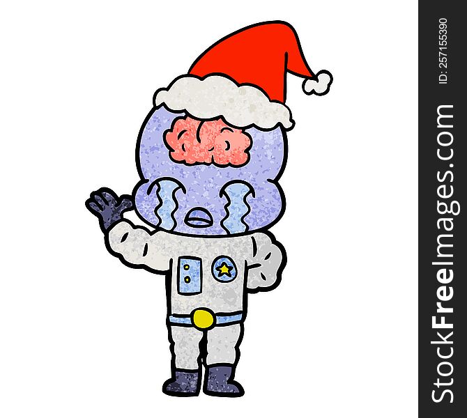 hand drawn textured cartoon of a big brain alien crying wearing santa hat