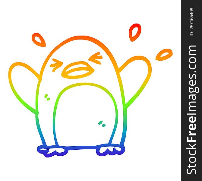 rainbow gradient line drawing of a cartoon flapping penguin
