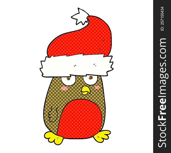 Cartoon Christmas Robin Wearing Santa Hat