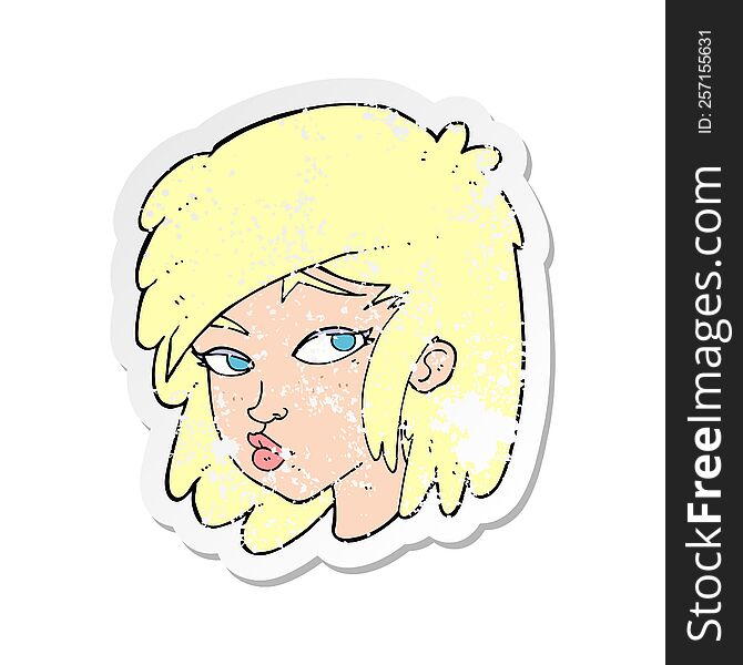 retro distressed sticker of a cartoon curious woman