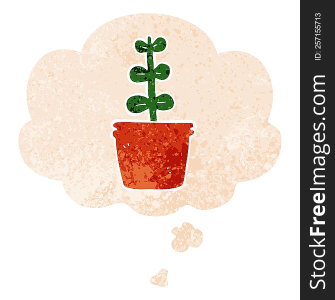 Cartoon House Plant And Thought Bubble In Retro Textured Style