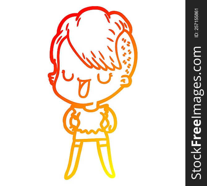 warm gradient line drawing of a cute cartoon girl with hipster haircut
