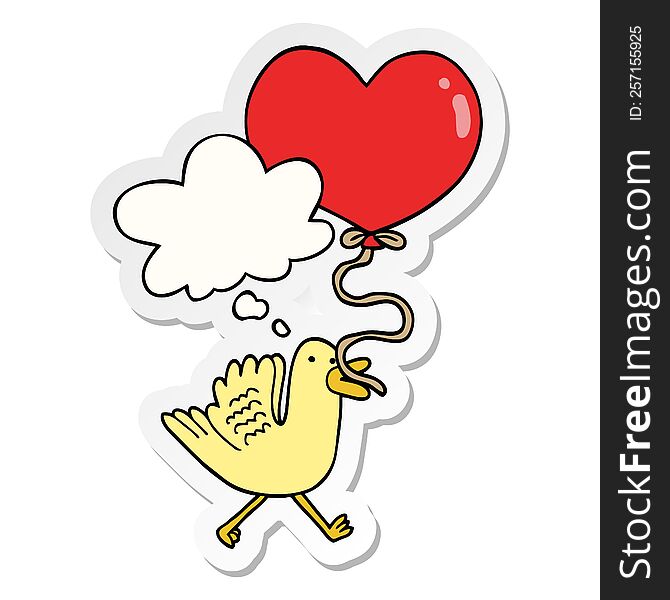 cartoon bird with heart balloon with thought bubble as a printed sticker