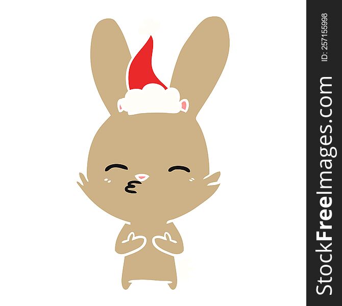 curious bunny hand drawn flat color illustration of a wearing santa hat. curious bunny hand drawn flat color illustration of a wearing santa hat