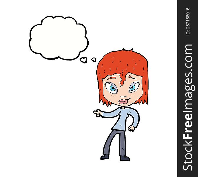 cartoon relaxed woman pointing with thought bubble