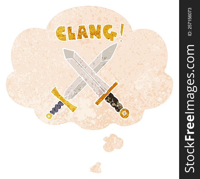 cartoon sword fight with thought bubble in grunge distressed retro textured style. cartoon sword fight with thought bubble in grunge distressed retro textured style