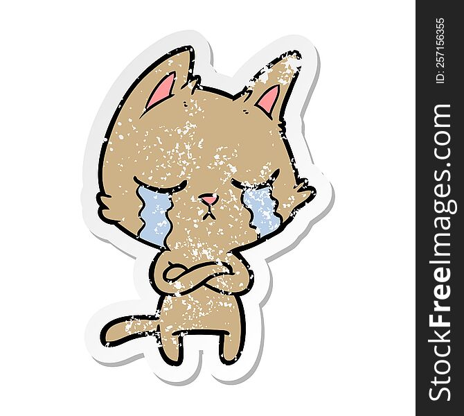 Distressed Sticker Of A Crying Cartoon Cat With Folded Arms
