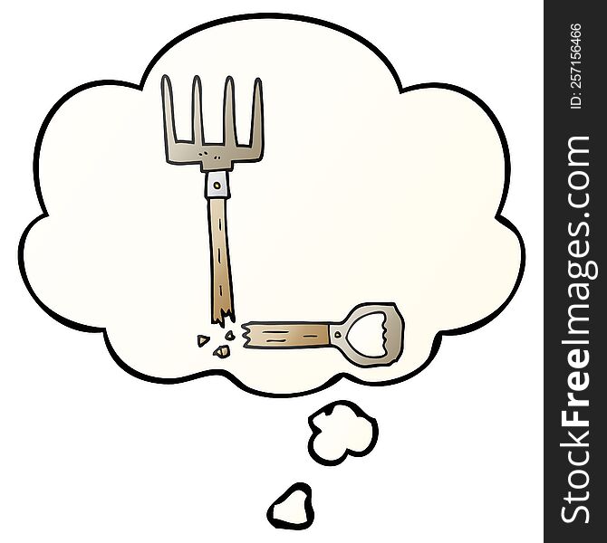 cartoon broken pitchfork with thought bubble in smooth gradient style