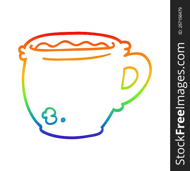 rainbow gradient line drawing of a cartoon hot cup of coffee