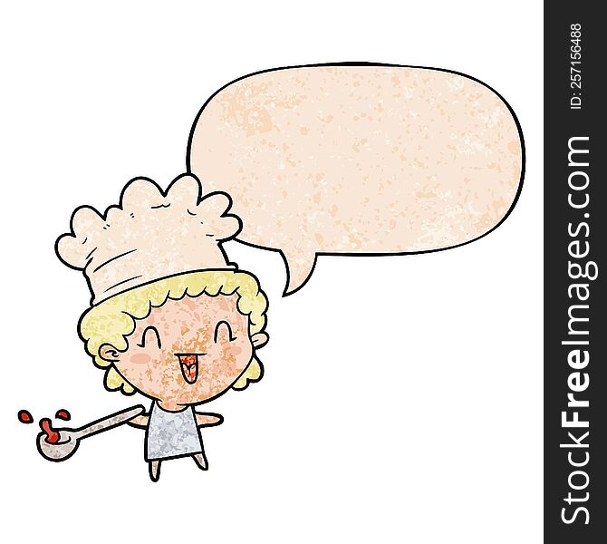 Cute Cartoon Happy Chef And Speech Bubble In Retro Texture Style