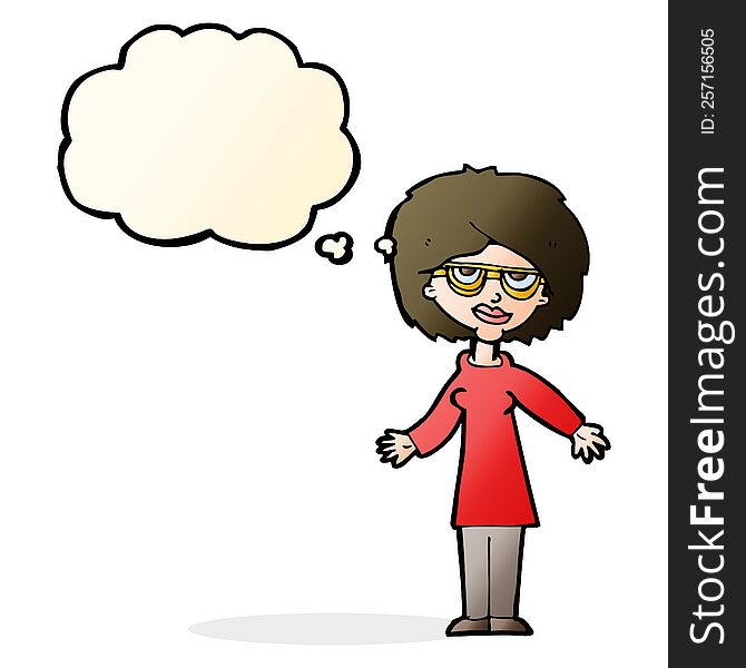 cartoon woman wearing glasses with thought bubble