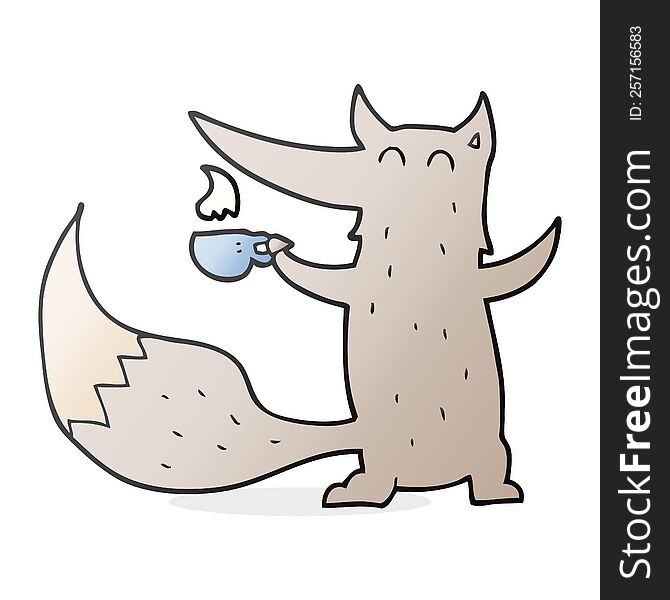 freehand drawn cartoon wolf with coffee cup