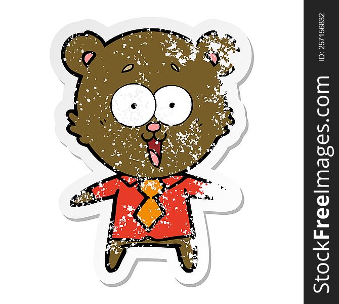distressed sticker of a laughing teddy  bear cartoon in shirt and tie