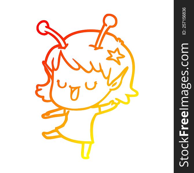 Warm Gradient Line Drawing Happy Alien Girl Cartoon