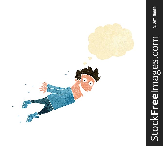 cartoon drenched man flying with thought bubble