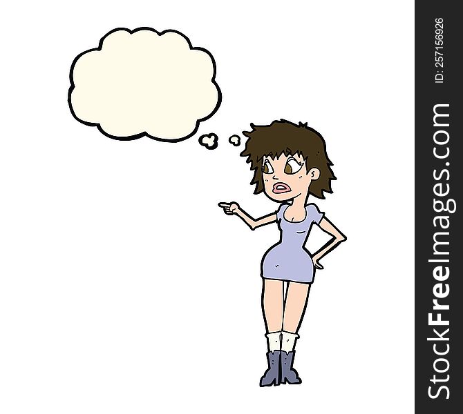 Cartoon Worried Woman In Dress Pointing With Thought Bubble