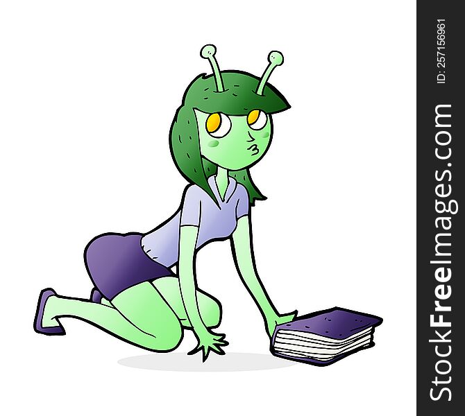 Cartoon Alien Girl And Book