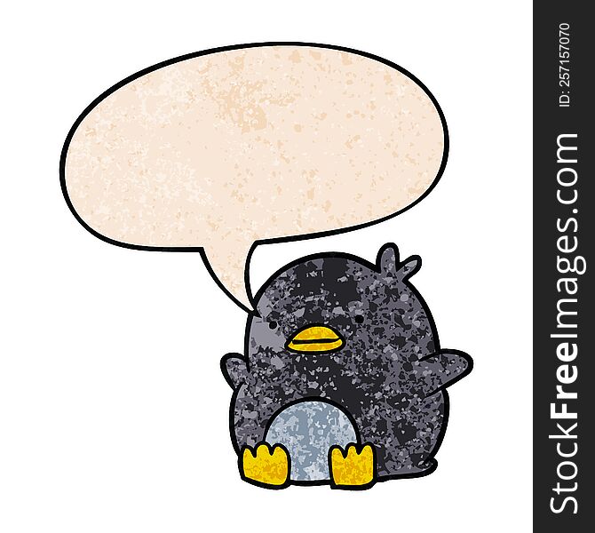 Cute Cartoon Penguin And Speech Bubble In Retro Texture Style