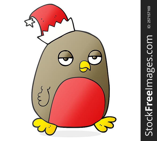 Cartoon Christmas Robin Wearing Santa Hat