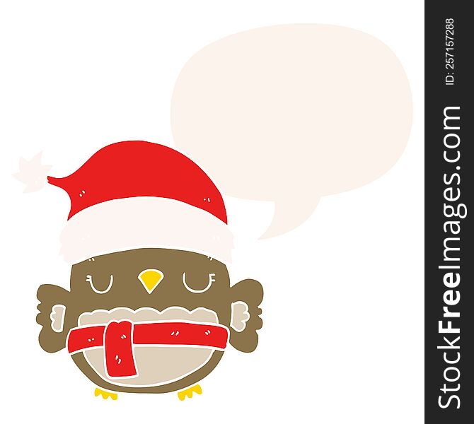 Cute Christmas Owl And Speech Bubble In Retro Style