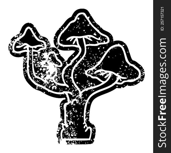 grunge distressed icon of growing mushrooms. grunge distressed icon of growing mushrooms