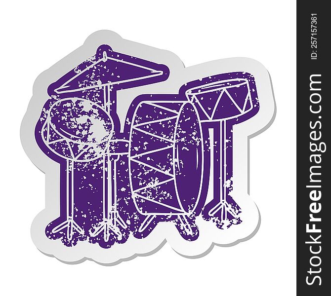 distressed old sticker of a drum kit