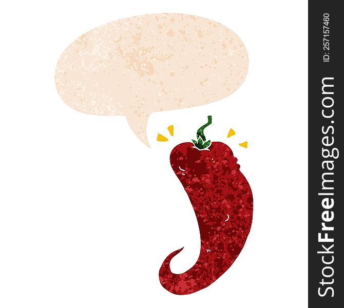 cartoon chili pepper with speech bubble in grunge distressed retro textured style. cartoon chili pepper with speech bubble in grunge distressed retro textured style