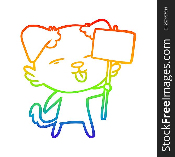 rainbow gradient line drawing of a cartoon dog holding sign post