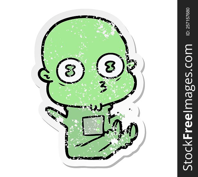 distressed sticker of a cartoon weird bald spaceman