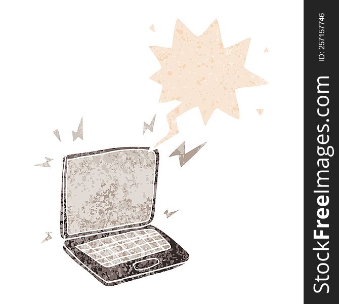 Cartoon Laptop Computer And Speech Bubble In Retro Textured Style