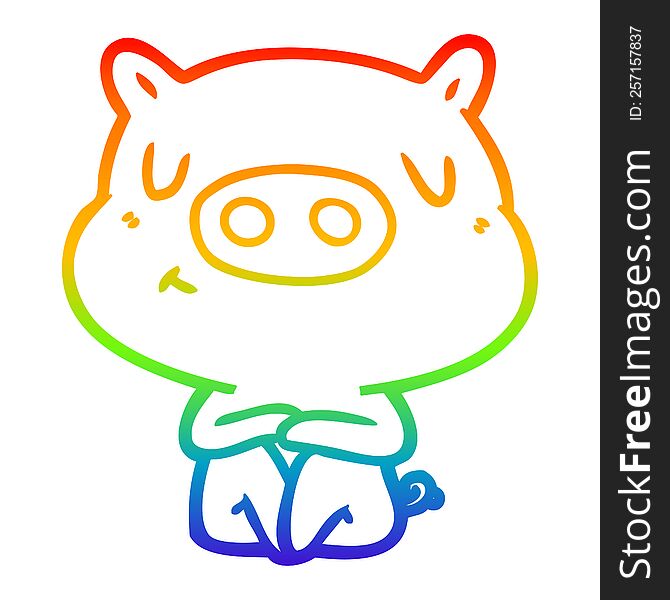 rainbow gradient line drawing of a cartoon content pig meditating