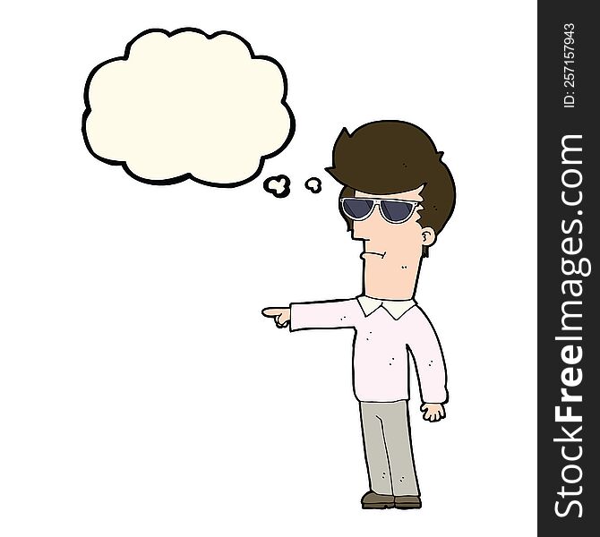 cartoon man in glasses pointing with thought bubble