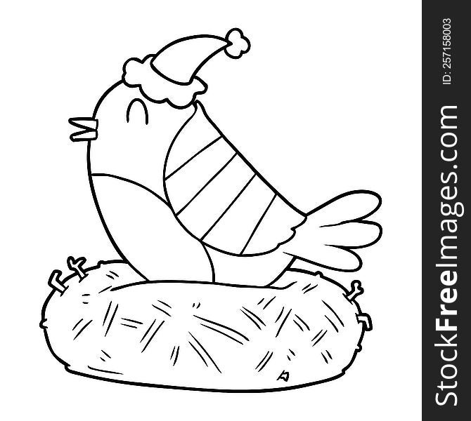 hand drawn line drawing of a bird sitting on nest wearing santa hat