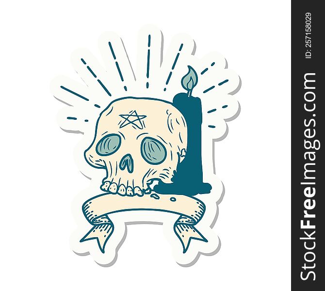 sticker of a tattoo style spooky skull and candle