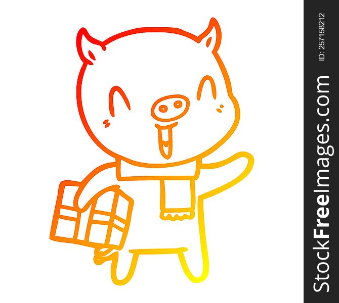 Warm Gradient Line Drawing Happy Cartoon Pig With Xmas Present