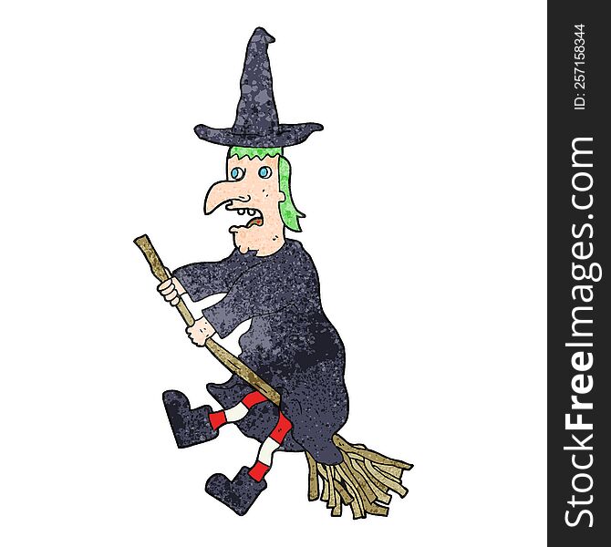 Textured Cartoon Witch Flying On Broom