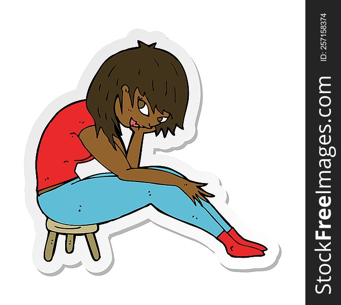 sticker of a cartoon woman sitting on small stool