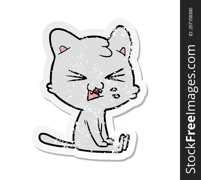 distressed sticker of a cartoon hissing cat