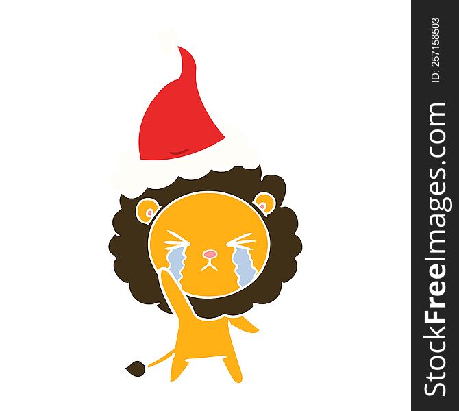 hand drawn flat color illustration of a crying lion wearing santa hat