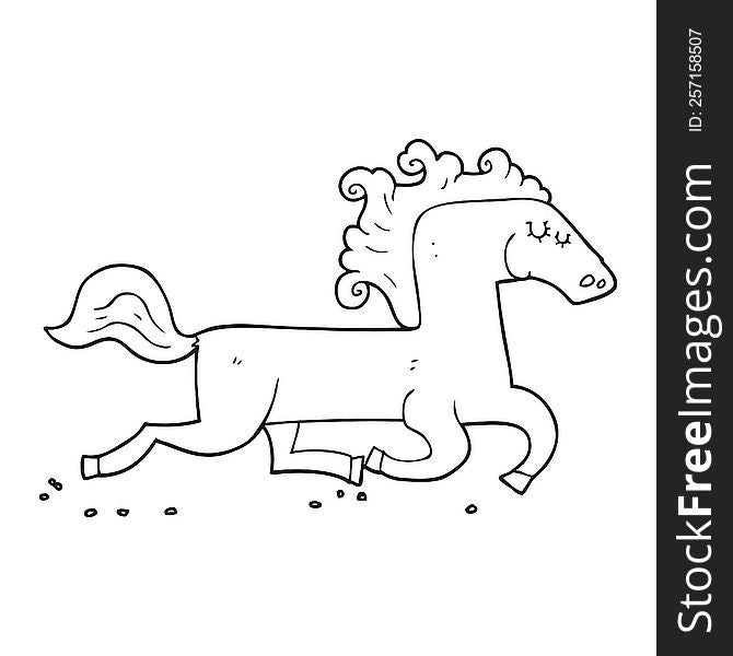 freehand drawn black and white cartoon running horse