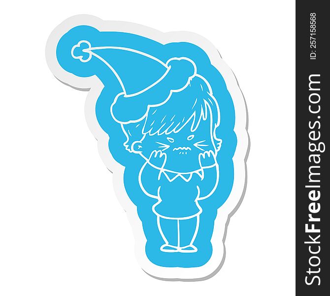 quirky cartoon  sticker of a frustrated woman wearing santa hat