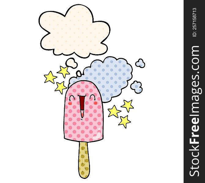 Cute Cartoon Ice Lolly And Thought Bubble In Comic Book Style