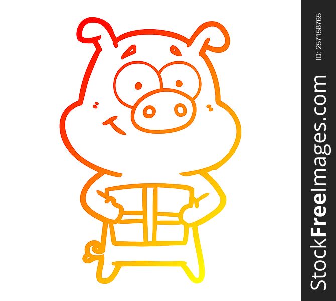 Warm Gradient Line Drawing Happy Cartoon Pig Holding Christmas Present