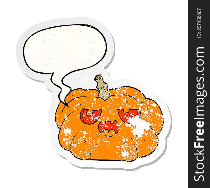 Cartoon Pumpkin And Speech Bubble Distressed Sticker